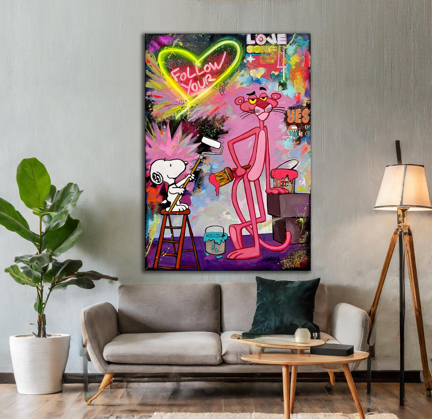 Snoopy & Pink Panther Follow Your Love Abstract Pop Art Oil Painting - Rub-5
