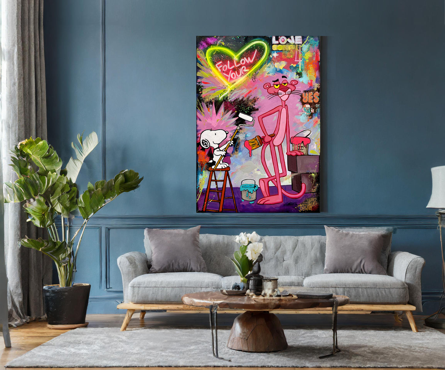 Snoopy & Pink Panther Follow Your Love Abstract Pop Art Oil Painting - Rub-5