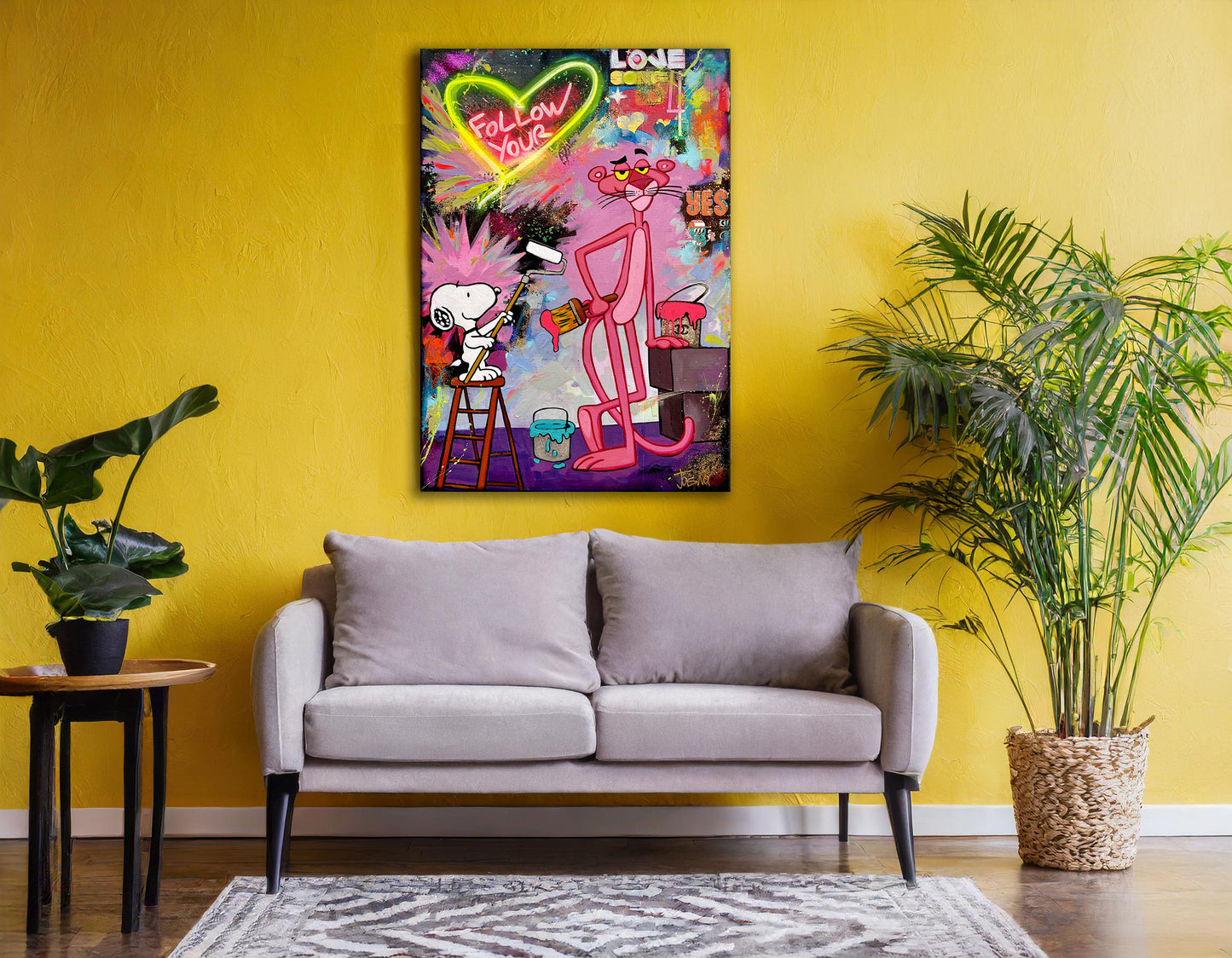 Snoopy & Pink Panther Follow Your Love Abstract Pop Art Oil Painting - Rub-5