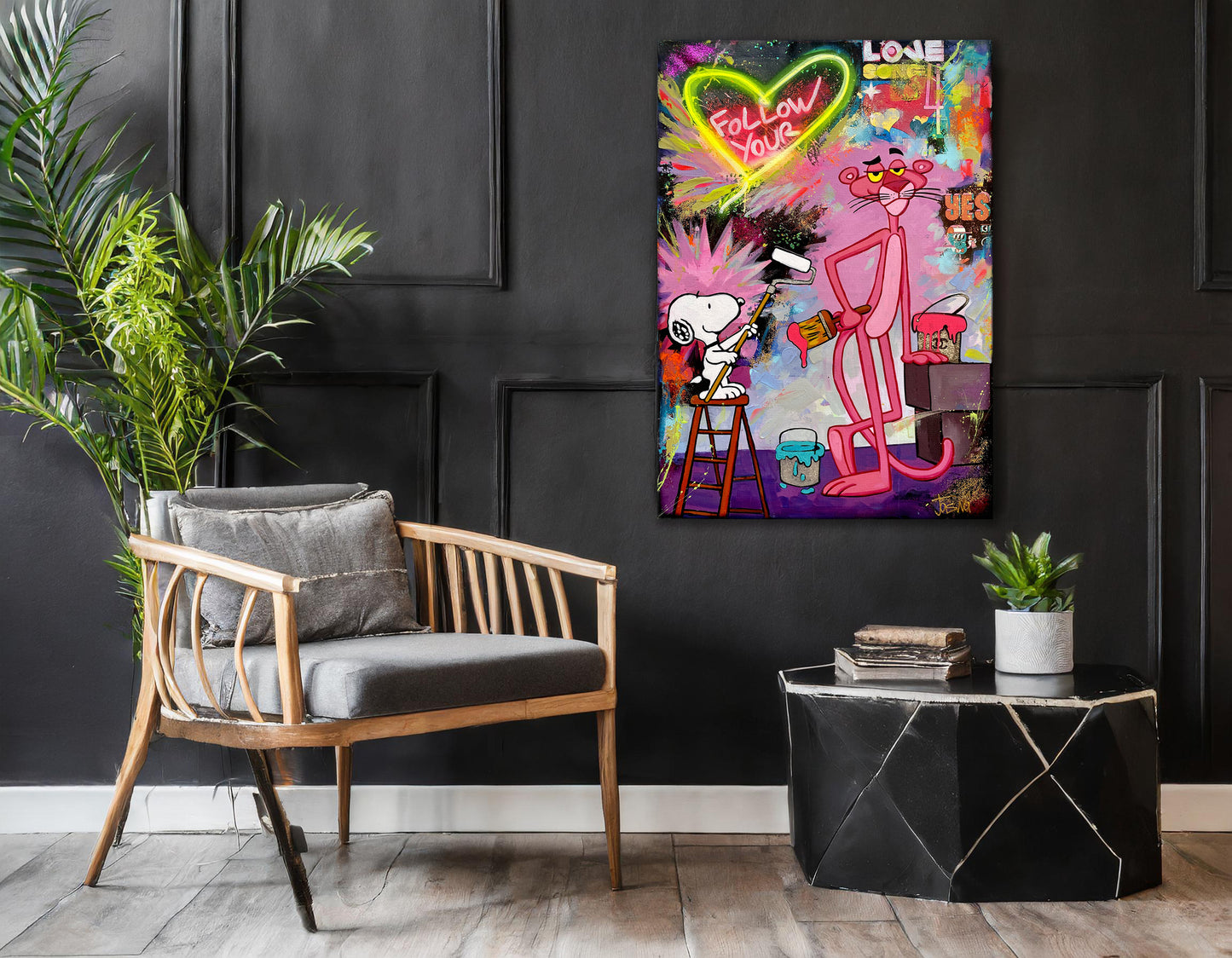 Snoopy & Pink Panther Follow Your Love Abstract Pop Art Oil Painting - Rub-5