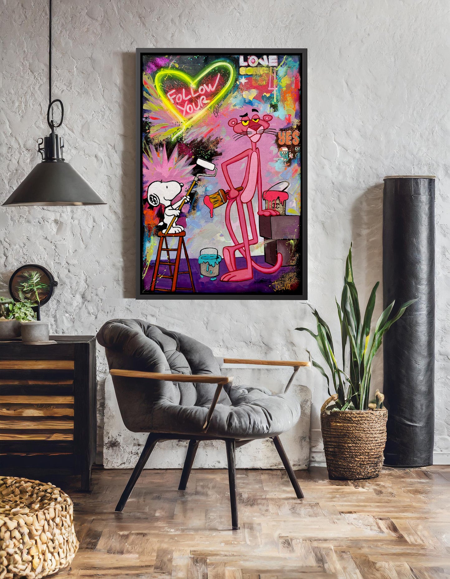 Snoopy & Pink Panther Follow Your Love Abstract Pop Art Oil Painting - Rub-5