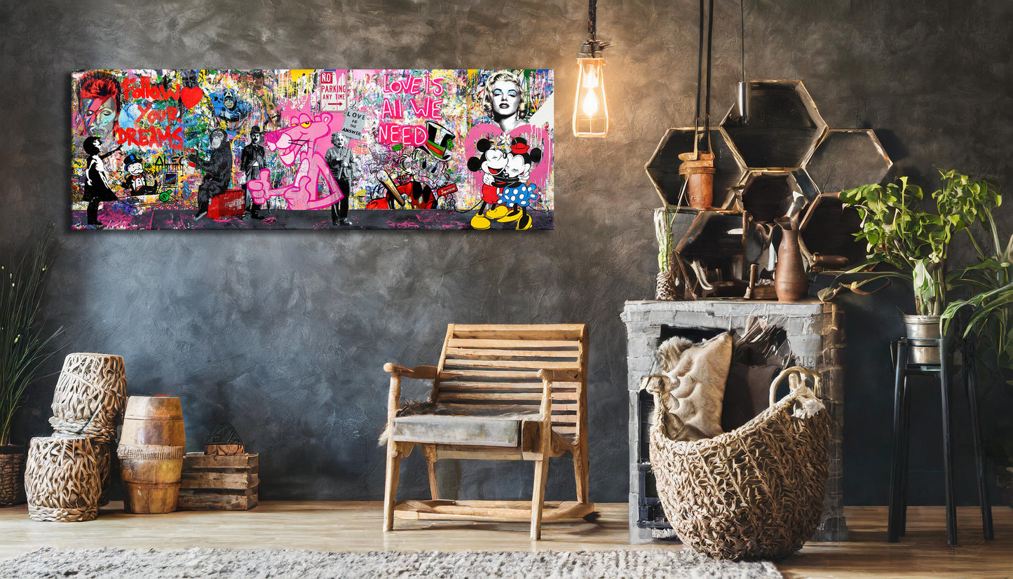 Banksy Panoramic Multi Character Cartoon Pop Art Graffiti, Mickey Mouse, Pink Panther - 165