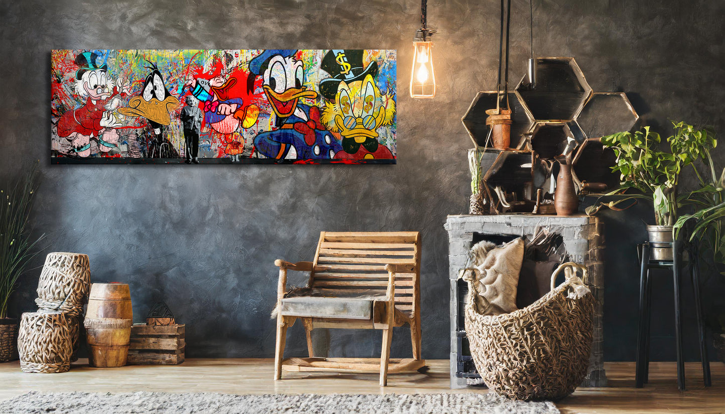 Banksy Panoramic Multi Character Mcduck, Donald Duck, Daffy Duck Cartoon Pop Art Canvas - 236