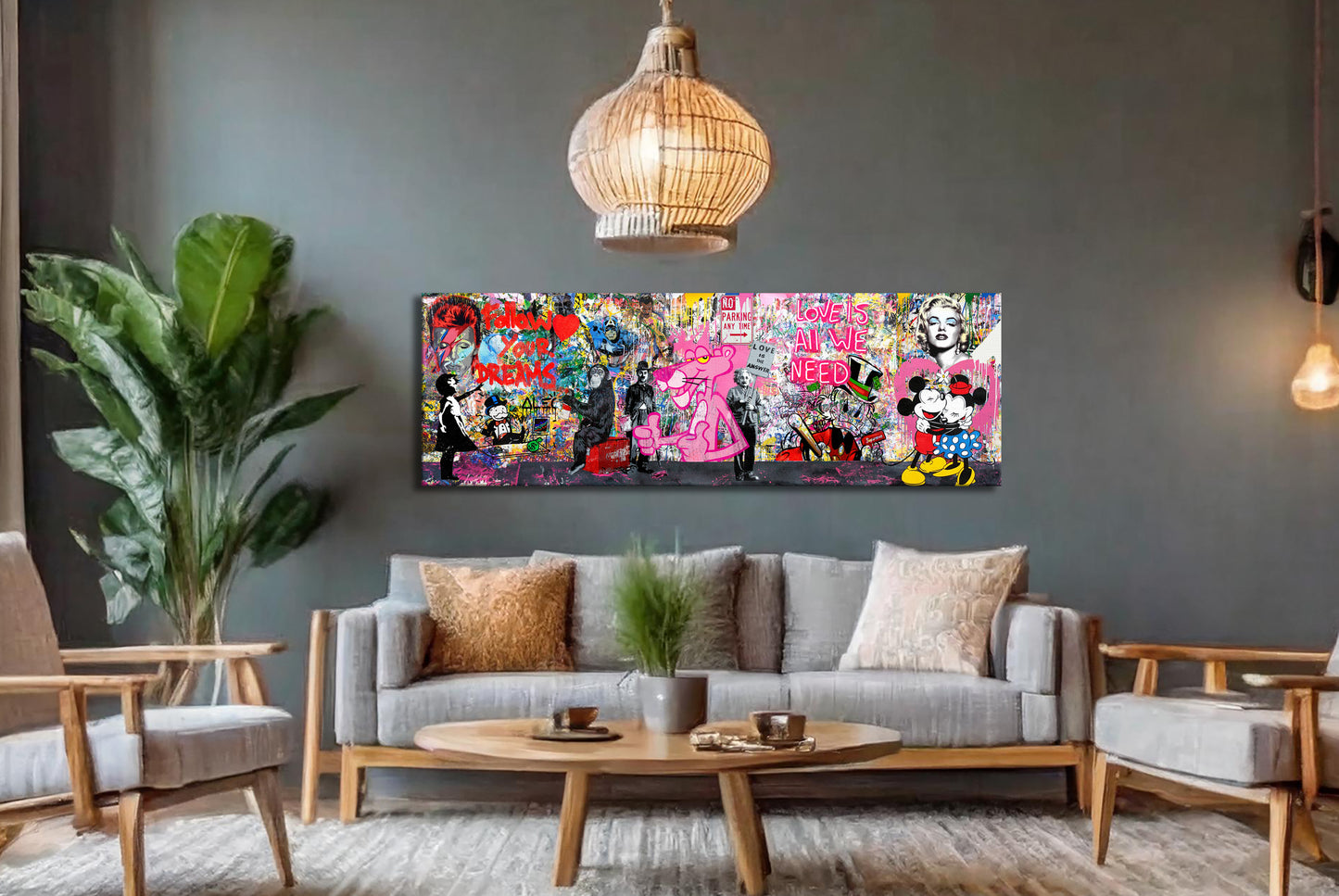 Banksy Panoramic Multi Character Cartoon Pop Art Graffiti, Mickey Mouse, Pink Panther - 165