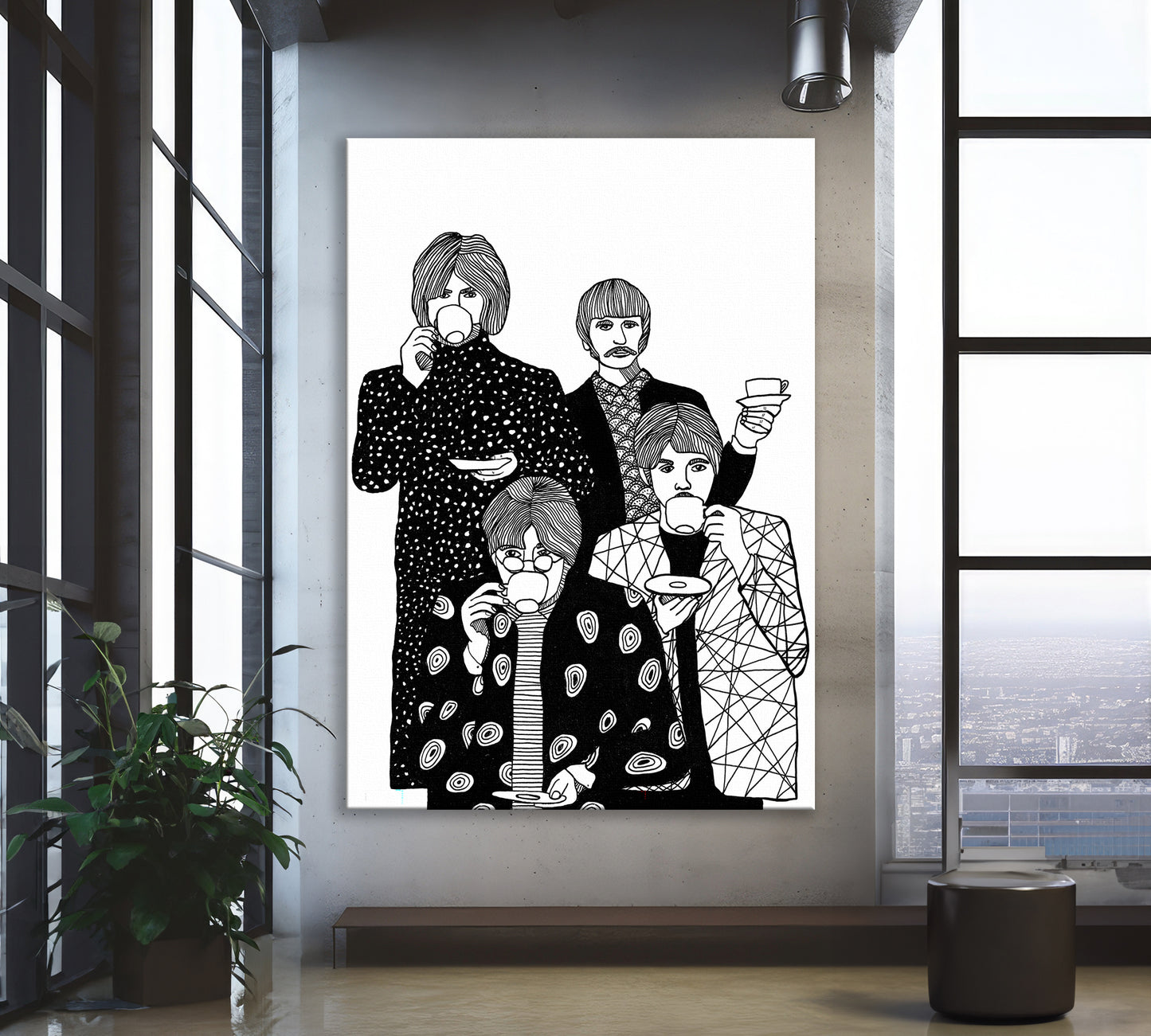 Beatles Line Drawing canvas Art , The Beatles Drinking Tea Print - PPL35
