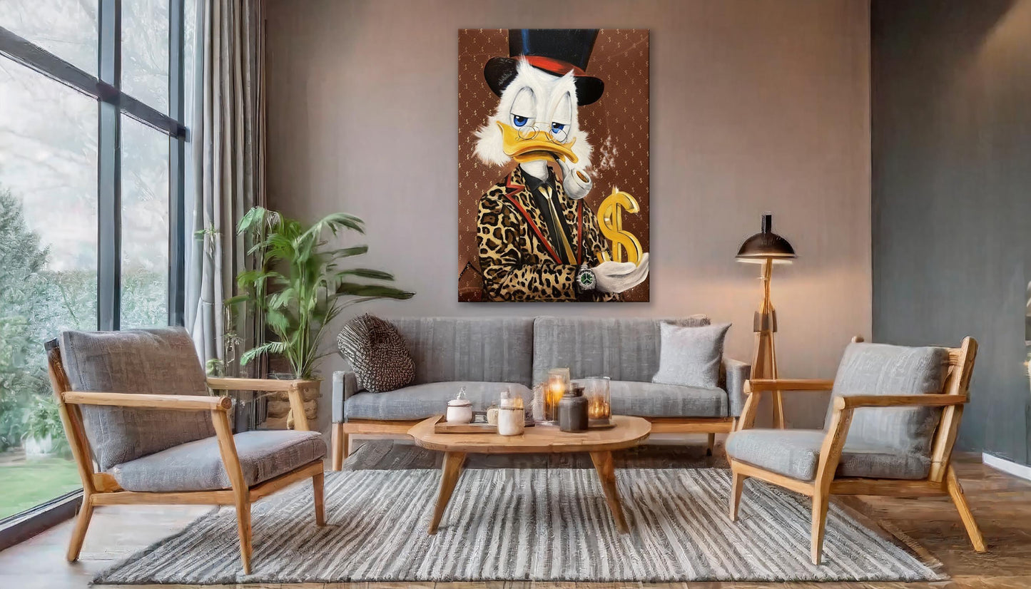 Scrooge McDuck Holding Dollar and Smoking Pipe Pop Art Oil Painting, Rich McDuck Street Graffiti Pop Art Paint, Banksy Style McDuck Oil Paint - Artsber 3