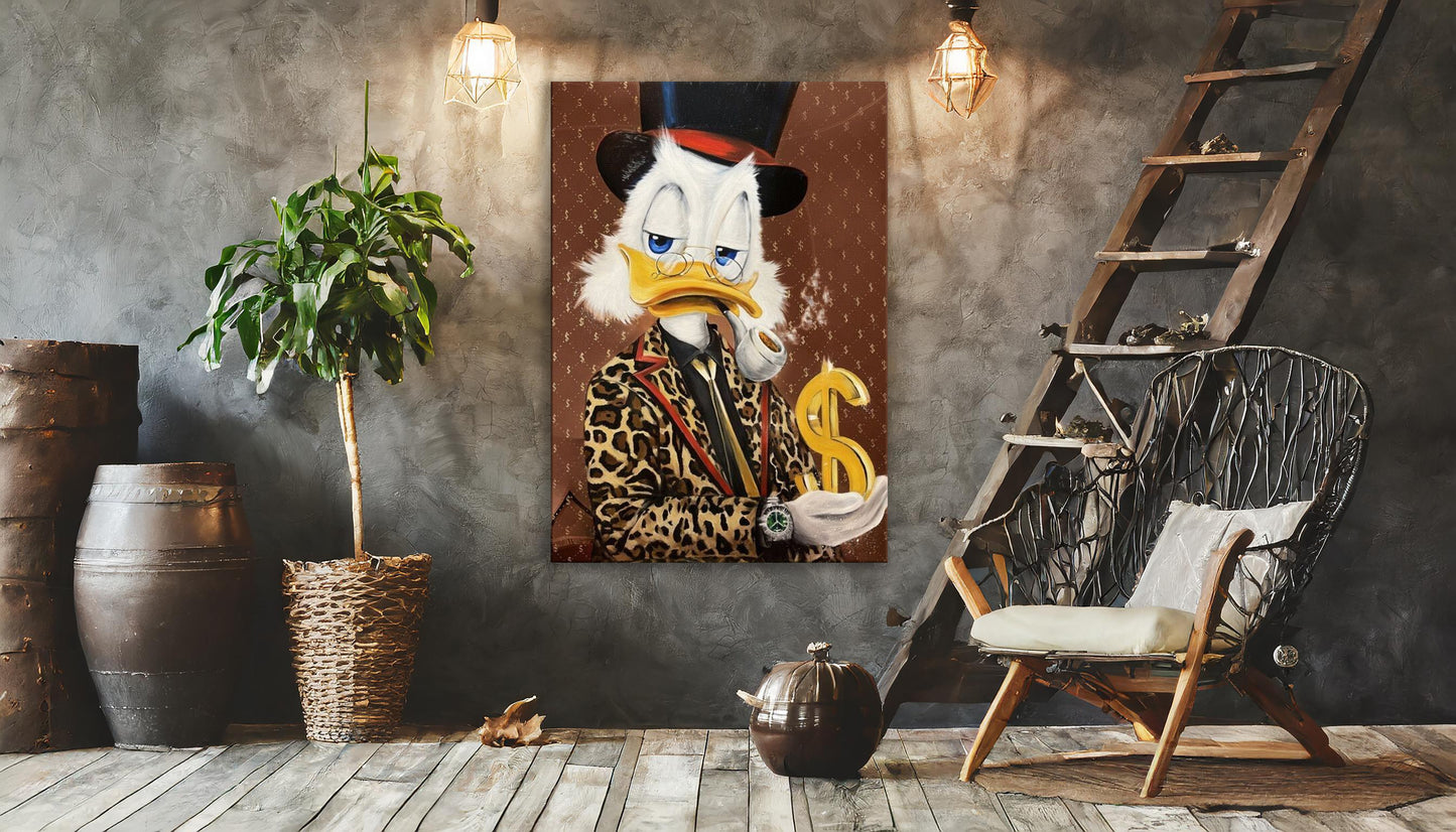 Scrooge McDuck Holding Dollar and Smoking Pipe Pop Art Oil Painting, Rich McDuck Street Graffiti Pop Art Paint, Banksy Style McDuck Oil Paint - Artsber 3