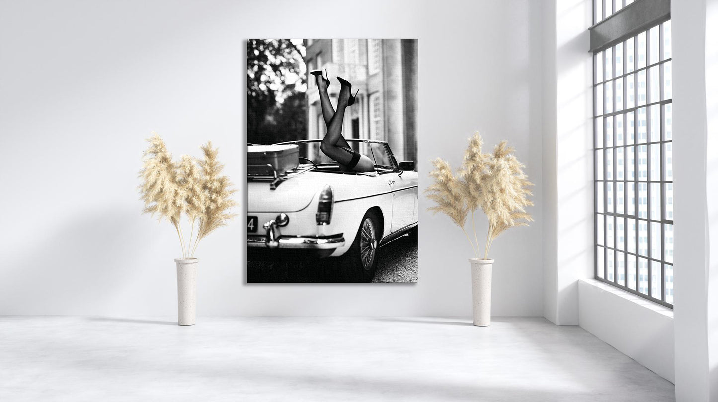 High Heels in Classic Car Canvas Wall Art, Black and White Fashion Photography - PPL-134