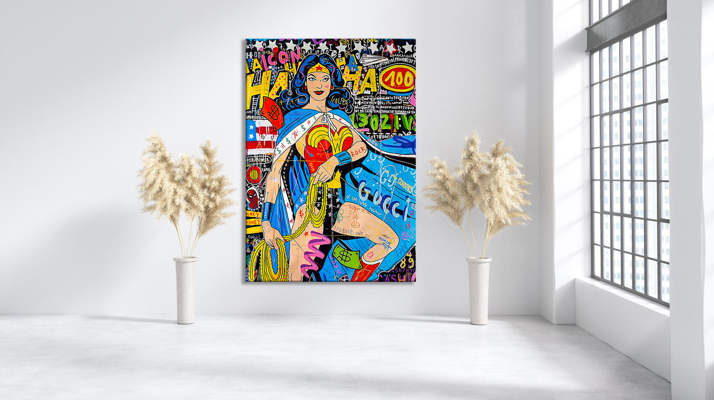 Banksy Wonder Woman Oil Painting Pop Art Canvas Print - Wonder Woman Pop Art Graffiti Wall Art, Pop Art Graffiti Home Decor, Pop Art Room Decor - 28