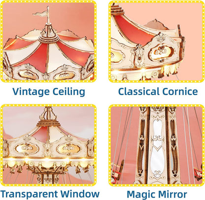 Magic Amusement Park Swing Ride 3D Wooden Puzzles Construction Model Kit DIY Music Box Rotating Building Kits