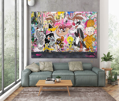 Banksy Style Looney Tunes Multi Characters Graffiti Pop Art, Looney Tunes Cartoon Canvas - 318