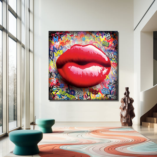 Banksy Style Sexy Lips Pop Art Canvas Wall Art, Lips Graffiti Pop Art - 249