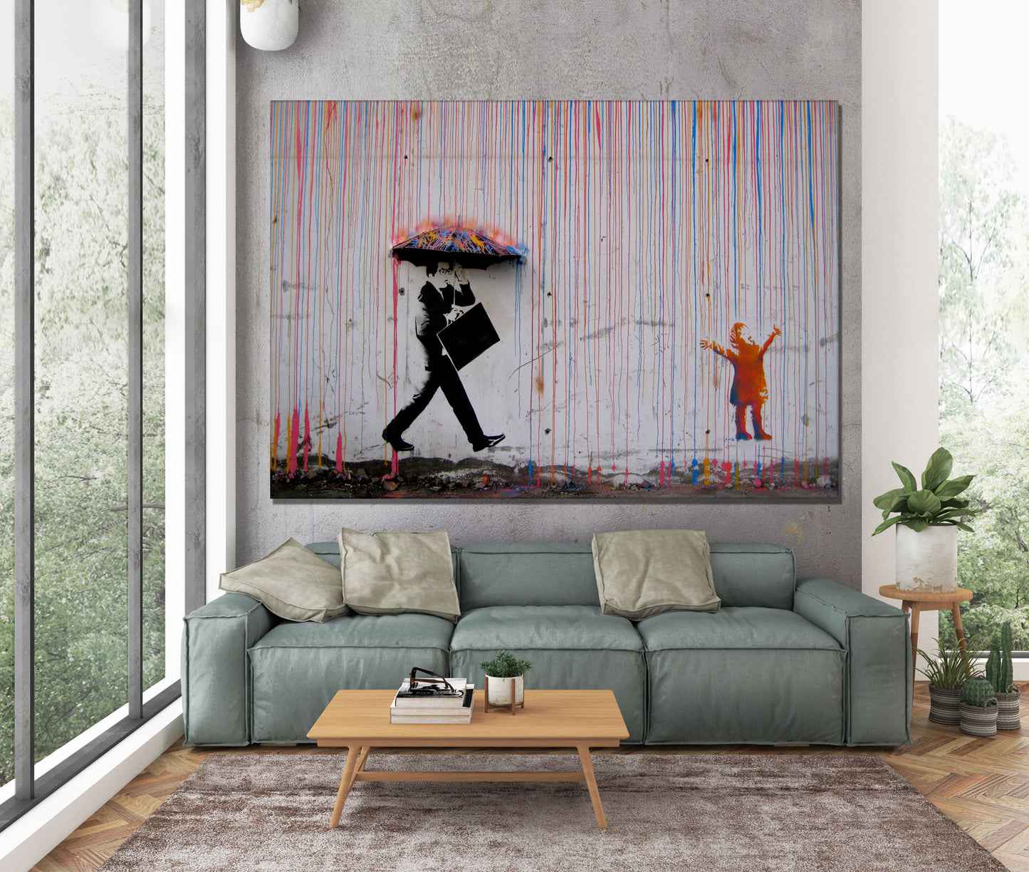 Banksy Color Rain Canvas, Banksy Style, Under The Rain Banksy, Banksy Rain Wall Decor - 186