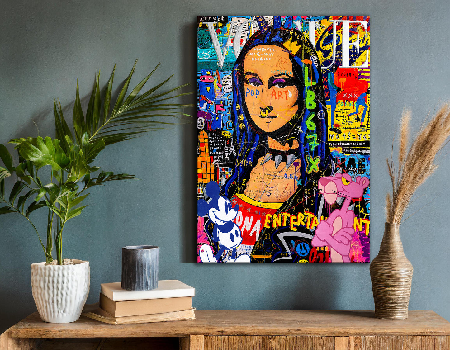 Mona Lisa with Mickey Mouse and Pink Panther Pop Art Oil Painting, Street Graffiti Wall Art Pop 013