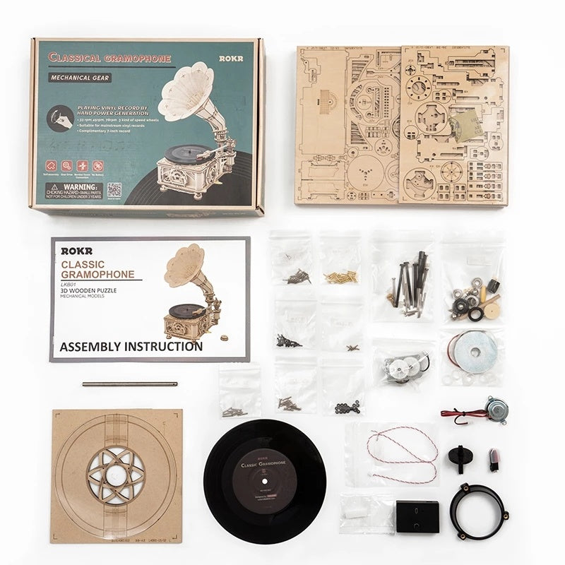 DIY Hand Crank Classic Gramophone Wooden Puzzle Model Building Kits Assembly Toy Gift For Children LKB01