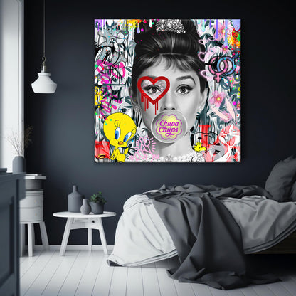 Audrey Hepburn - Chupa Chups Pop Art Canvas Wall Art, Lips Graffiti Pop Art - 286