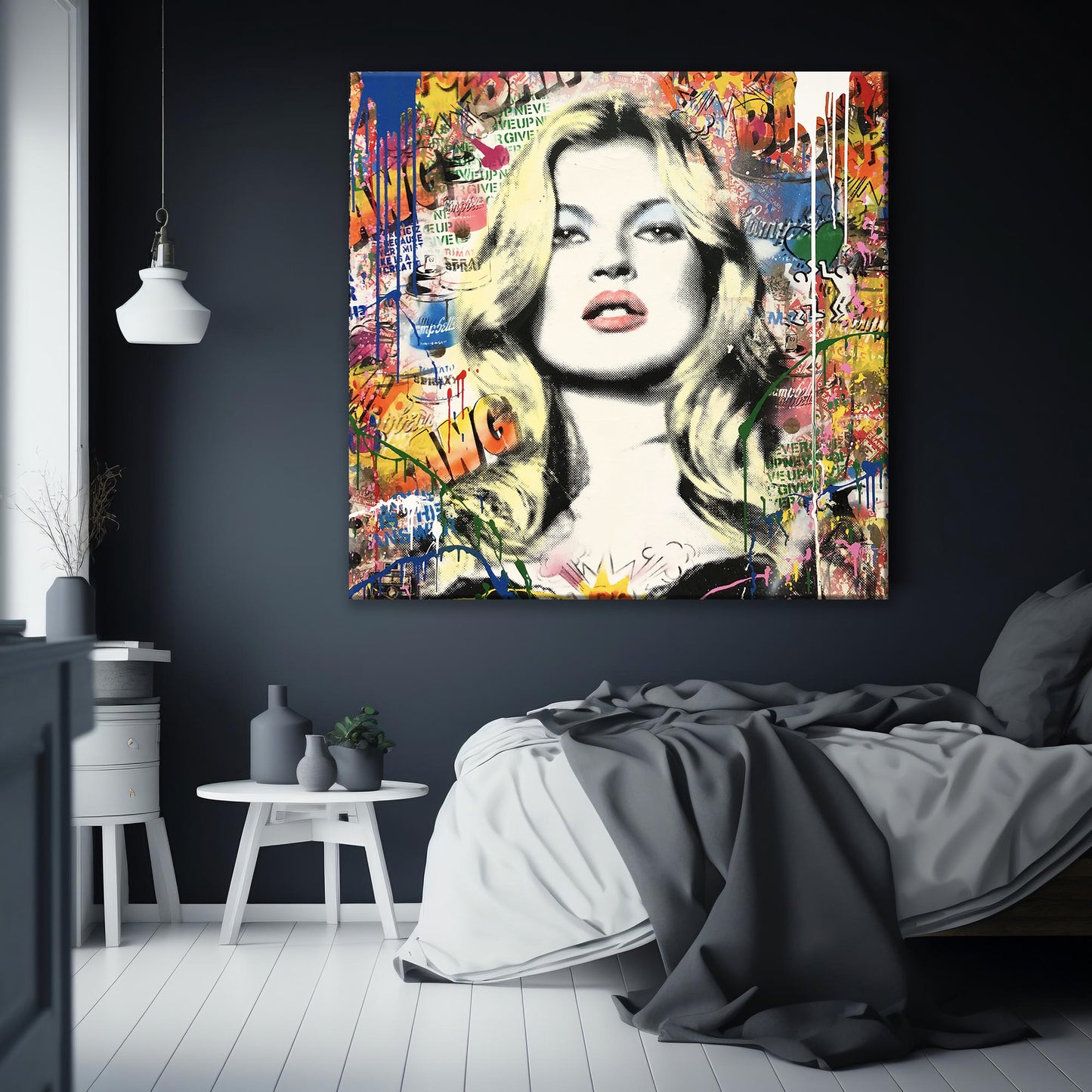 Kate Moss Pop Art Colorful Square Canvas Print, Banksy Art, Kate Moss Graffiti - 127