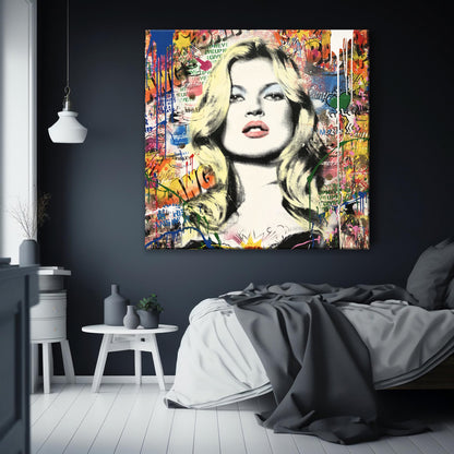 Kate Moss Pop Art Colorful Square Canvas Print, Banksy Art, Kate Moss Graffiti - 127