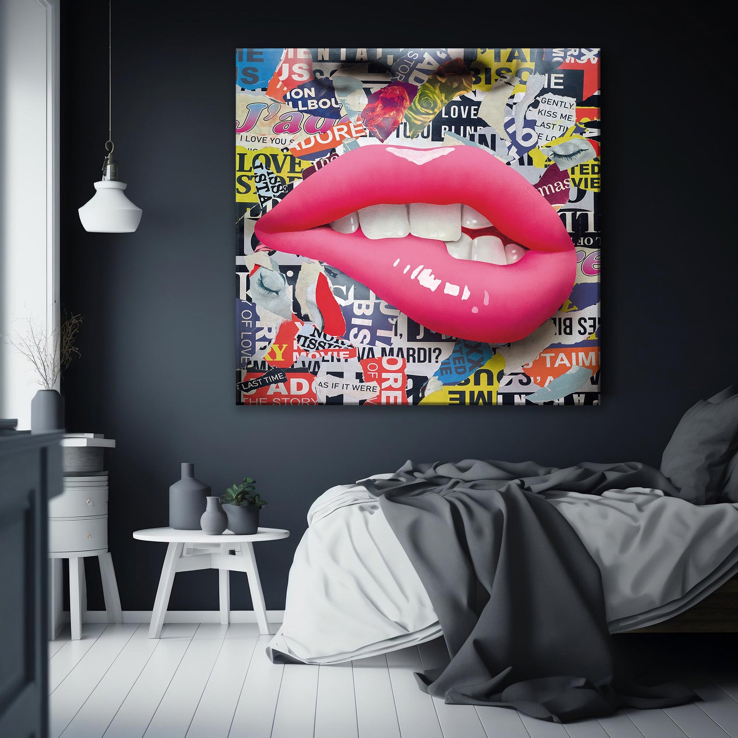 Banksy Style Square - Intense Lips Pop Art Canvas Wall Art, Lips Graffiti Pop Art - 250