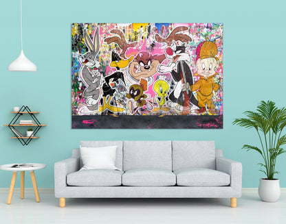 Banksy Style Looney Tunes Multi Characters Graffiti Pop Art, Looney Tunes Cartoon Canvas - 318