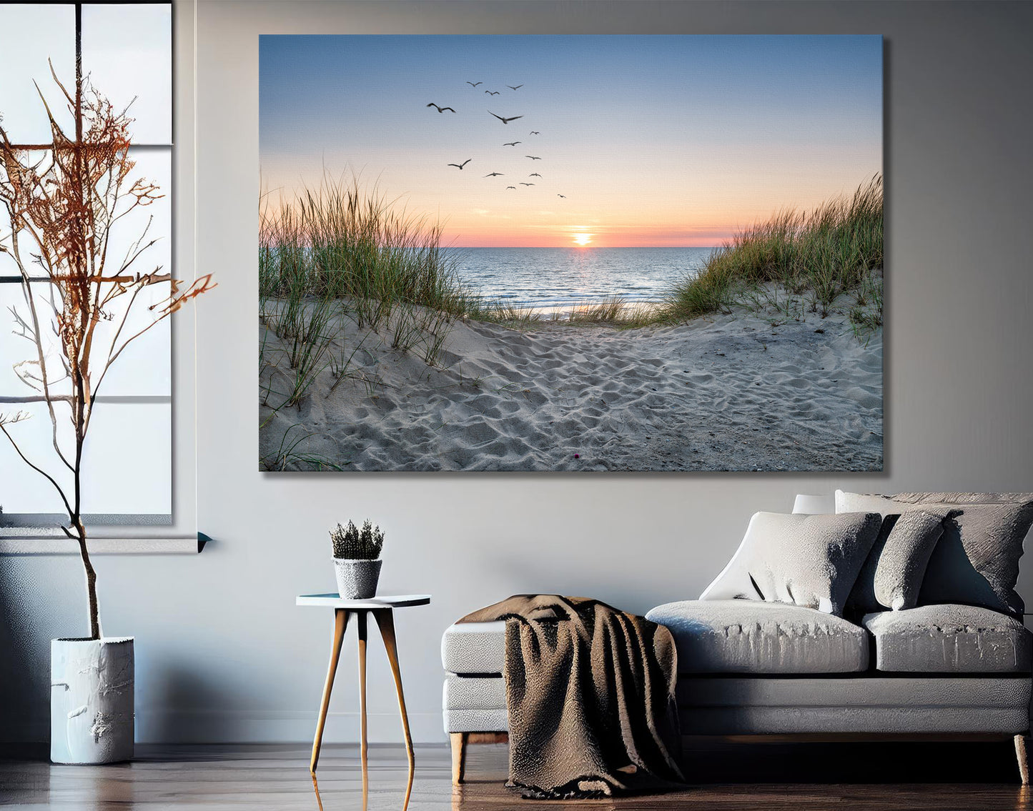 Sand Dunes On The Beach At Canvas Wall Art Sunset Birds Stunning Seascape - PPL111