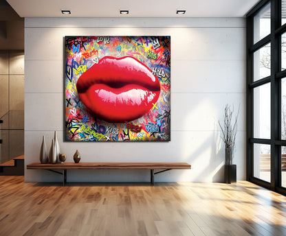 Banksy Style Sexy Lips Pop Art Canvas Wall Art, Lips Graffiti Pop Art - 249