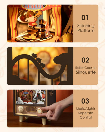 Rolife Sunset Carnival Music Boxes With Lights For Kids Adults Home Decoration Luxurious Design 3D Wooden Puzzle Toys