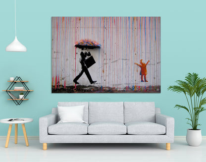 Banksy Color Rain Canvas, Banksy Style, Under The Rain Banksy, Banksy Rain Wall Decor - 186