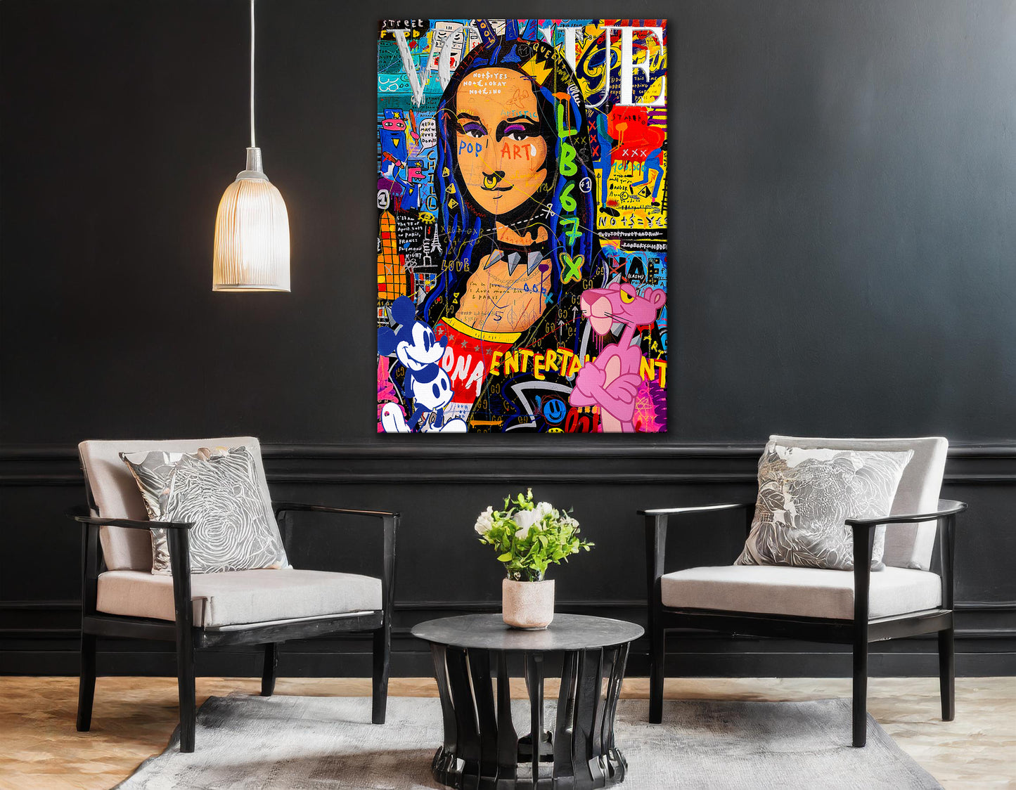 Mona Lisa with Mickey Mouse and Pink Panther Pop Art Oil Painting, Street Graffiti Wall Art Pop 013