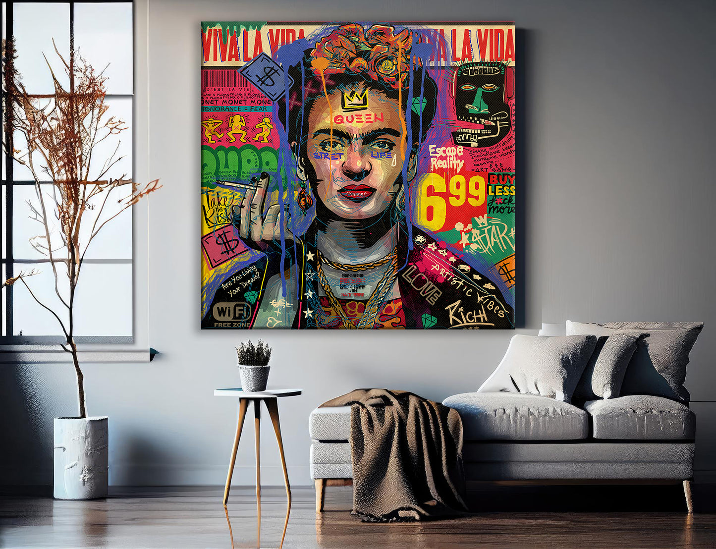 Banksy Graffiti Frida Kahlo Square Canvas Wall Art, Luxury Painting Fashion Prints, Frida Pop art - 53