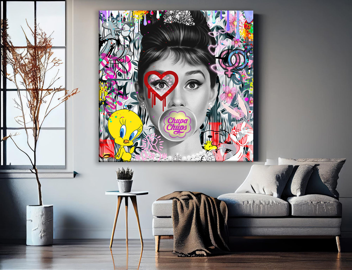 Audrey Hepburn - Chupa Chups Pop Art Canvas Wall Art, Lips Graffiti Pop Art - 286