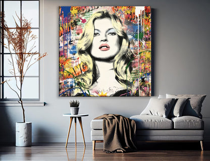 Kate Moss Pop Art Colorful Square Canvas Print, Banksy Art, Kate Moss Graffiti - 127