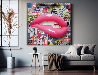 Banksy Style Square - Intense Lips Pop Art Canvas Wall Art, Lips Graffiti Pop Art - 250