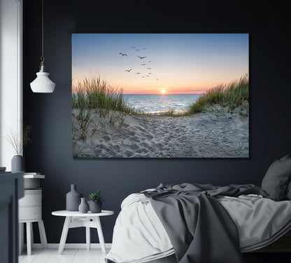 Sand Dunes On The Beach At Canvas Wall Art Sunset Birds Stunning Seascape - PPL111