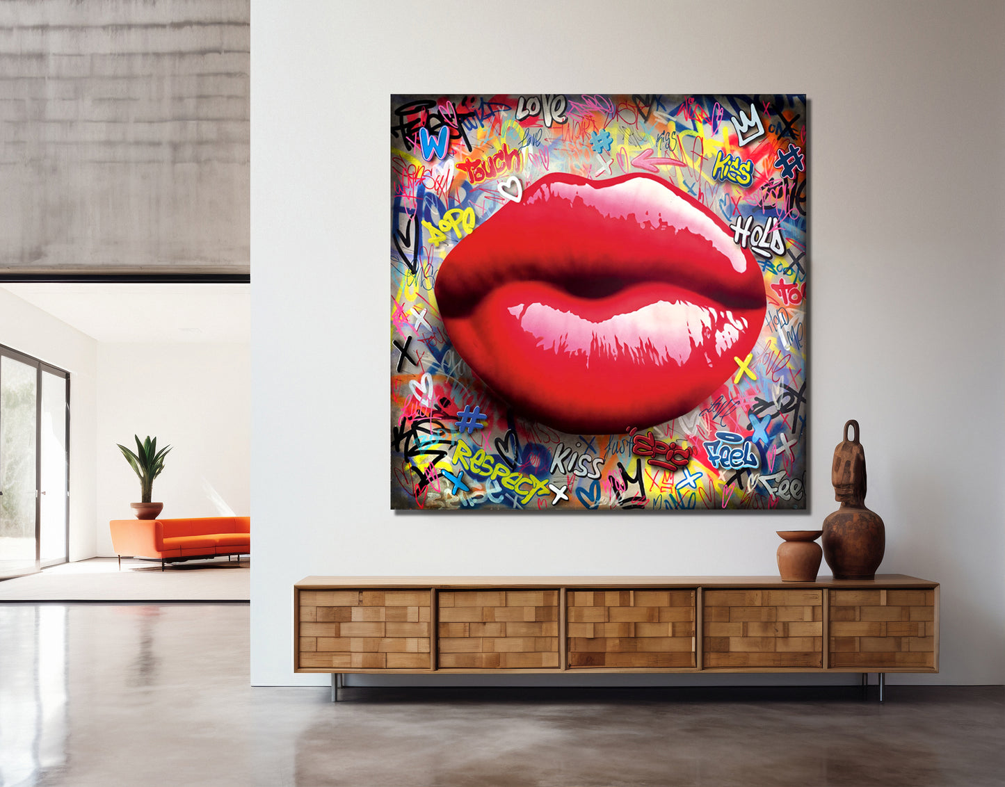 Banksy Style Sexy Lips Pop Art Canvas Wall Art, Lips Graffiti Pop Art - 249