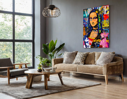 Mona Lisa with Mickey Mouse and Pink Panther Pop Art Oil Painting, Street Graffiti Wall Art Pop 013