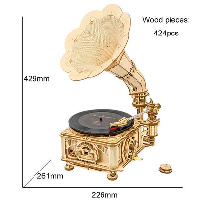 DIY Hand Crank Classic Gramophone Wooden Puzzle Model Building Kits Assembly Toy Gift For Children LKB01