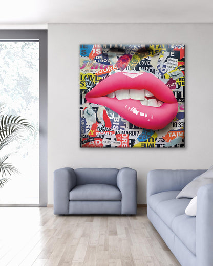 Banksy Style Square - Intense Lips Pop Art Canvas Wall Art, Lips Graffiti Pop Art - 250