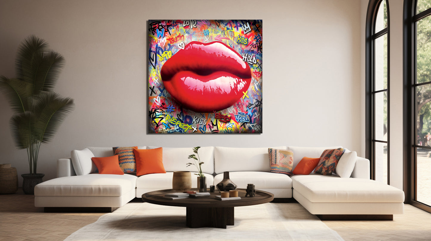 Banksy Style Sexy Lips Pop Art Canvas Wall Art, Lips Graffiti Pop Art - 249
