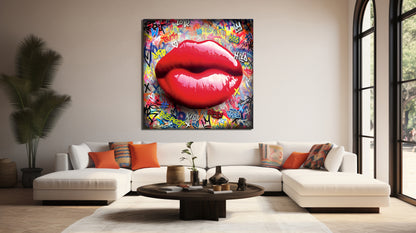 Banksy Style Sexy Lips Pop Art Canvas Wall Art, Lips Graffiti Pop Art - 249