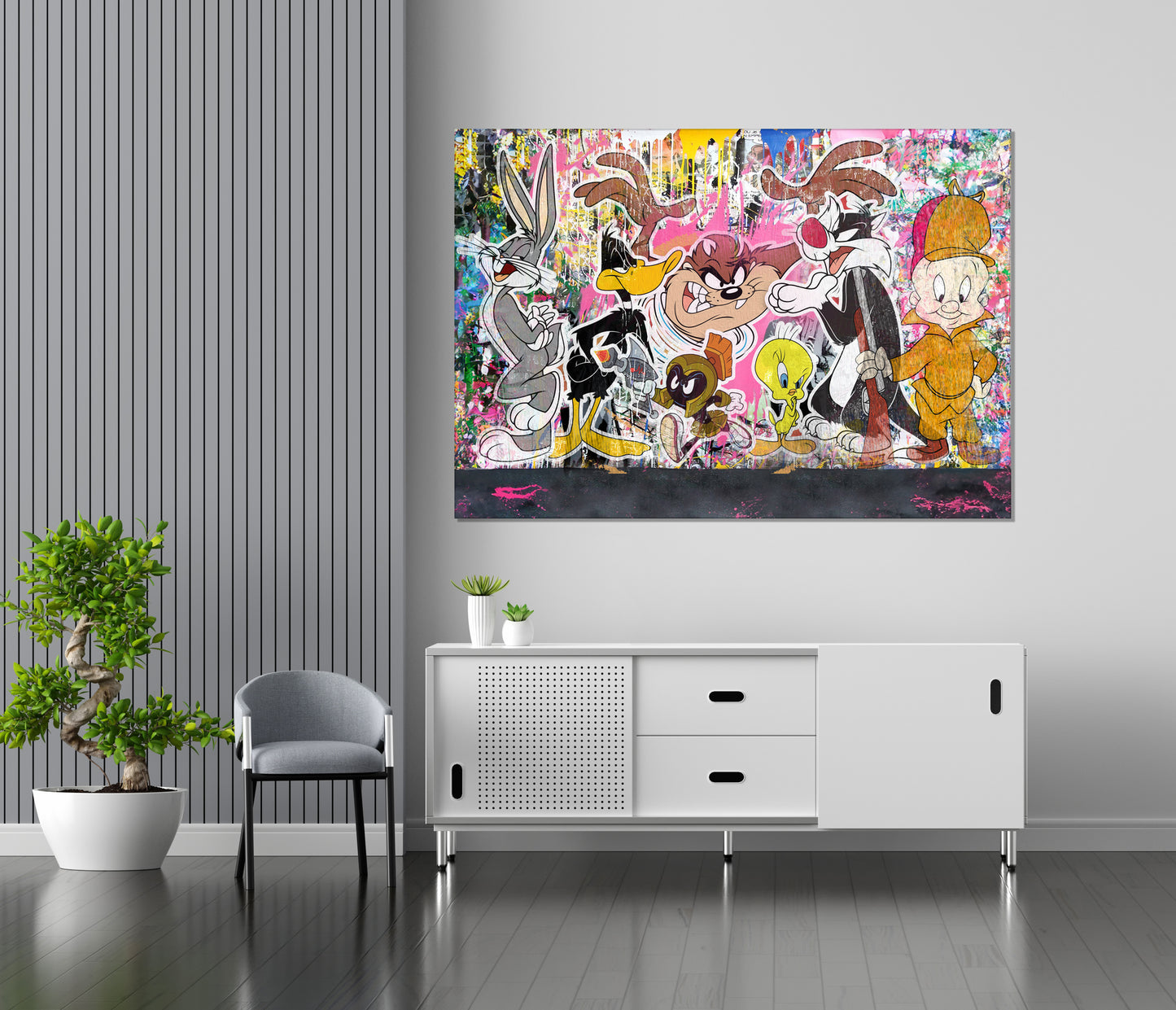 Banksy Style Looney Tunes Multi Characters Graffiti Pop Art, Looney Tunes Cartoon Canvas - 318