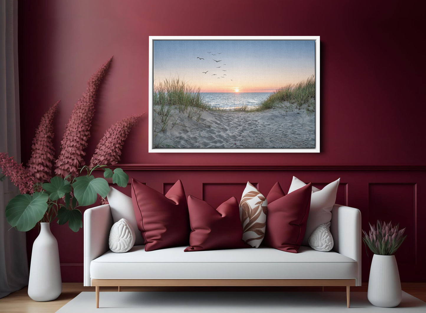 Sand Dunes On The Beach At Canvas Wall Art Sunset Birds Stunning Seascape - PPL111