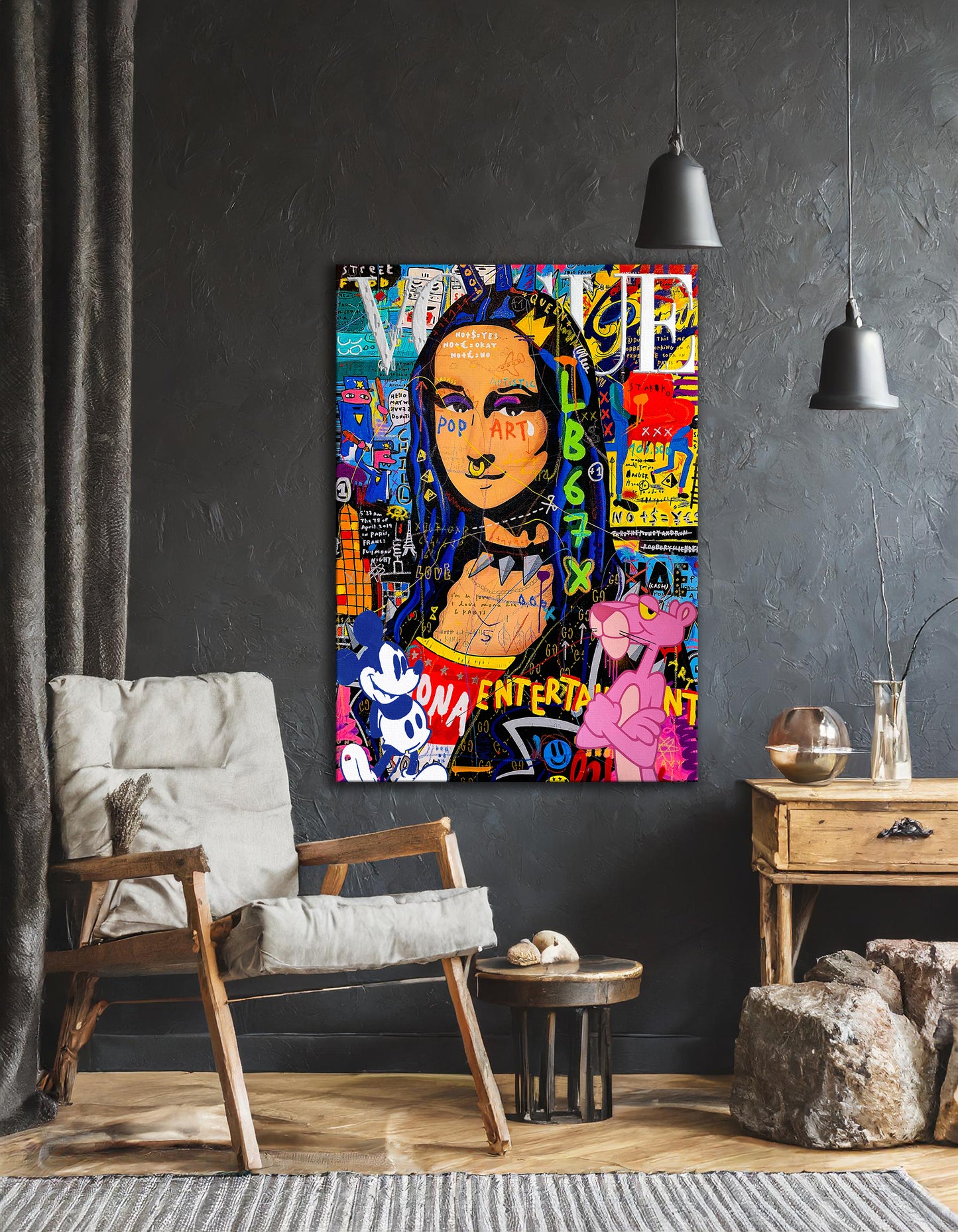 Mona Lisa with Mickey Mouse and Pink Panther Pop Art Oil Painting, Street Graffiti Wall Art Pop 013