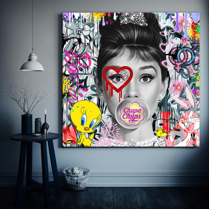 Audrey Hepburn - Chupa Chups Pop Art Canvas Wall Art, Lips Graffiti Pop Art - 286