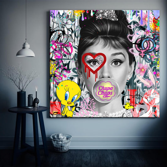 Audrey Hepburn - Chupa Chups Pop Art Canvas Wall Art, Lips Graffiti Pop Art - 286