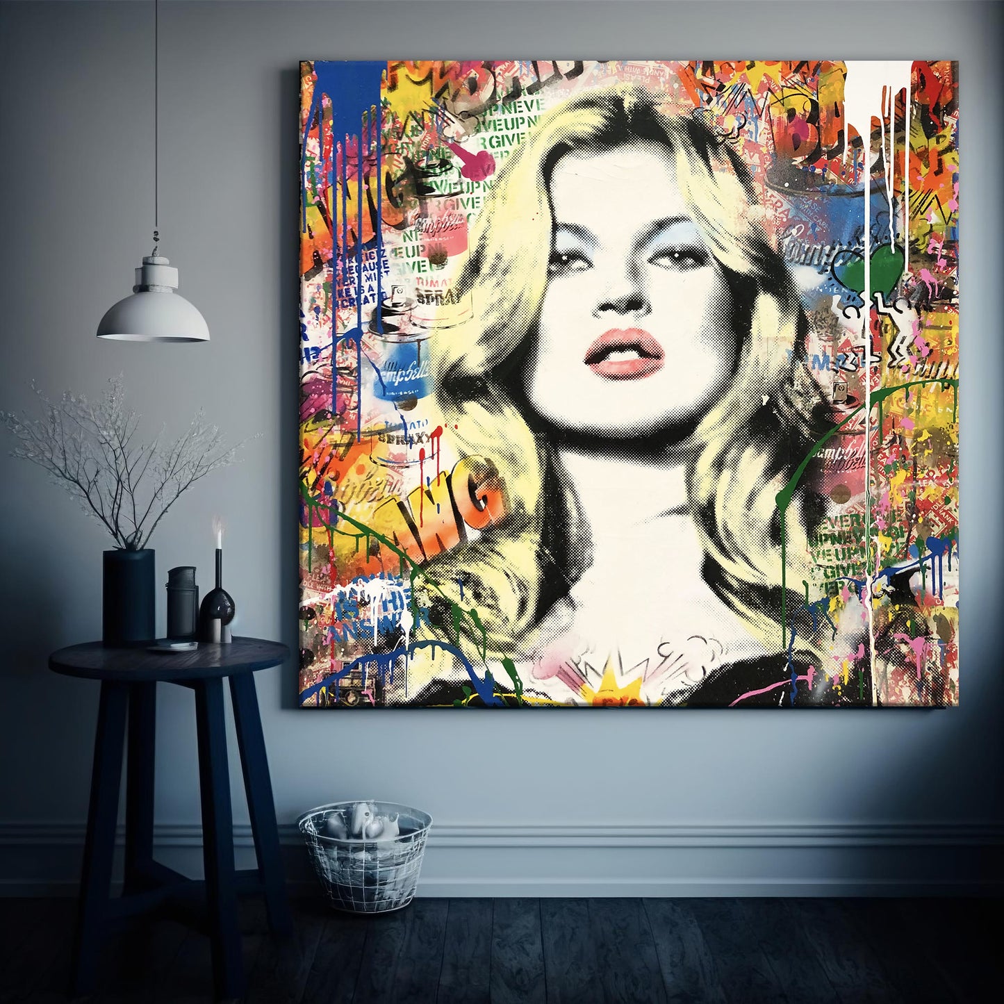 Kate Moss Pop Art Colorful Square Canvas Print, Banksy Art, Kate Moss Graffiti - 127