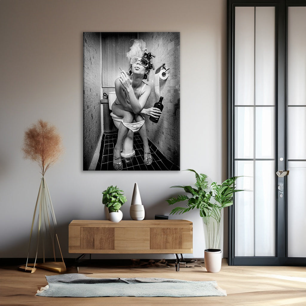 Black and White Fashion Toilet Girl Smoke Canvas, Fashion Wall Art - PPL15