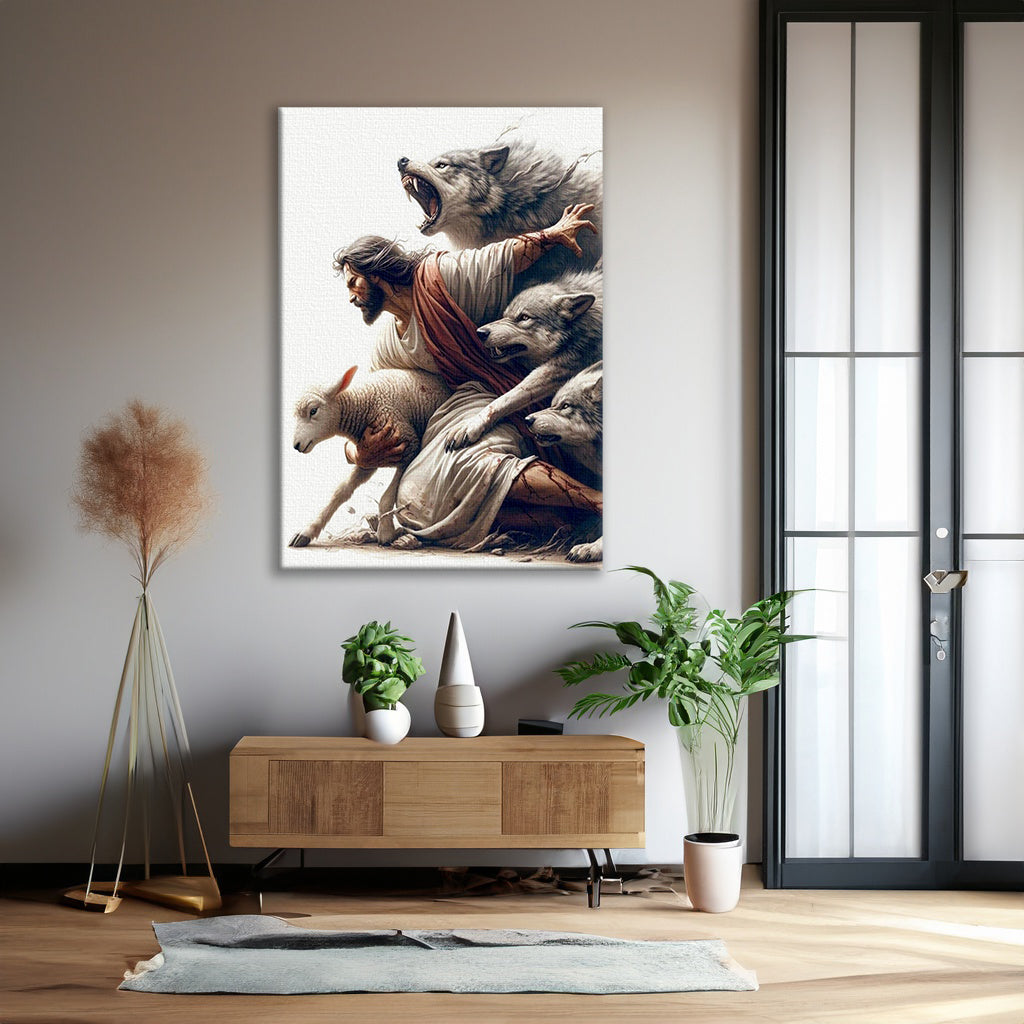 Jesus saves the lamb from the wolvesr Canvas Print, Religious Painting - G97