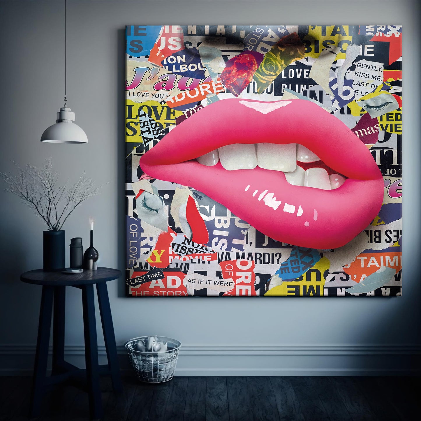 Banksy Style Square - Intense Lips Pop Art Canvas Wall Art, Lips Graffiti Pop Art - 250