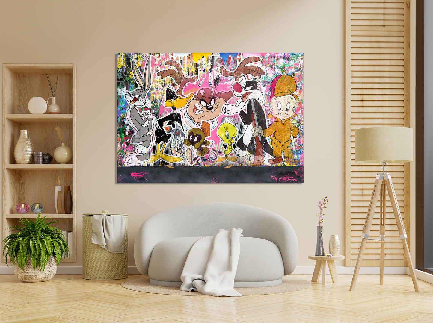 Banksy Style Looney Tunes Multi Characters Graffiti Pop Art, Looney Tunes Cartoon Canvas - 318